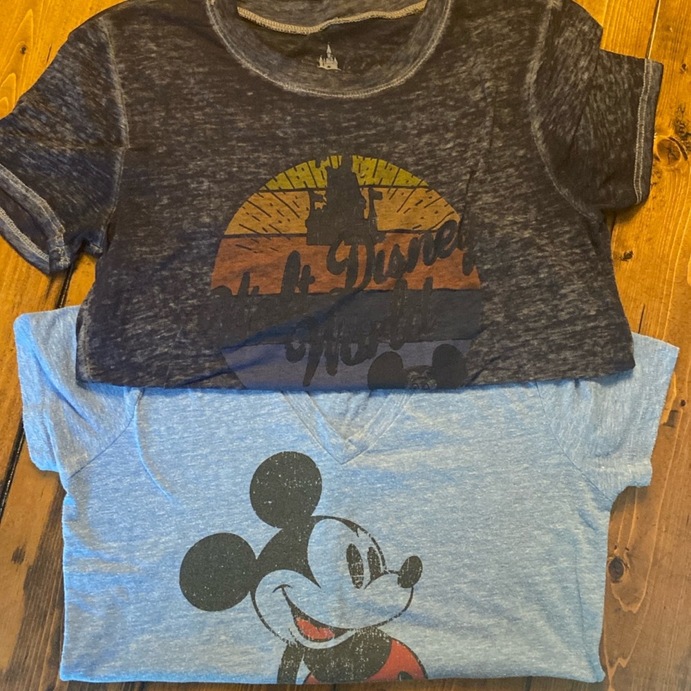 2 Walt Disney World t-shirts. Light blue v neck (sz small) dark navy (sz XS.)